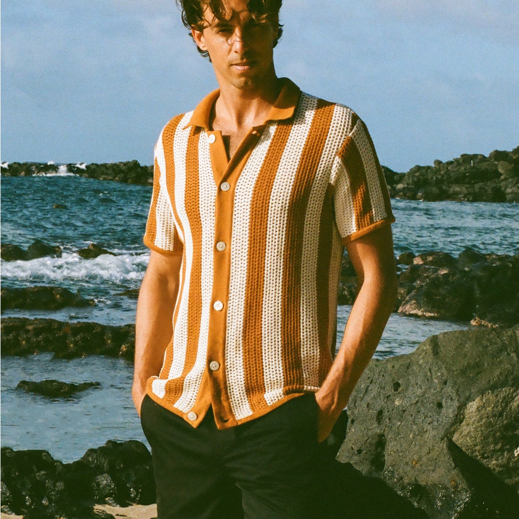 Dandy Del Mar Dominica Crochet Shirt - Burnt Orange & Cream Stripe - Size M